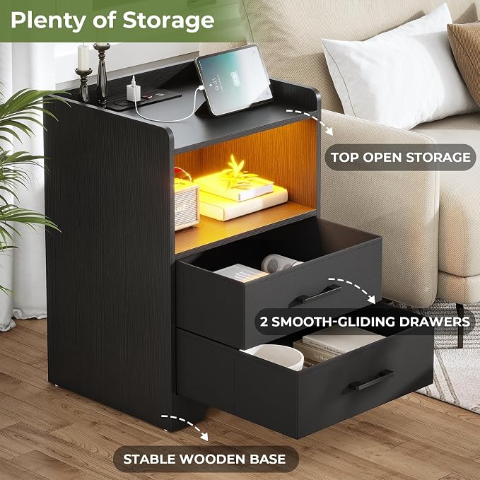 DICTAC Nightstands Set 2, LED Nightstand with Charging Station, End Side Table with USB Port, Bedside Table with 2 Fabric Drawers and Open Compartment for Bedroom, Black - Image 7