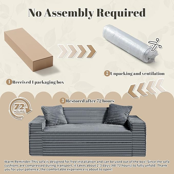 75" Cloud Loveseat Sofa, 26" Deep Seat Boneless Couches for Living Room, Modern 3 Seater Sofa with Throw Pillows, Corduroy Compression Sofa in Box, No Assembly Couch for Bedroom, Dorm, Gray