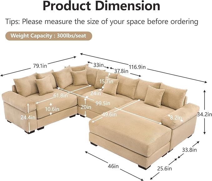 KEIKI 117" U-Shaped Oversized Corduroy Modular Cloud Sectional Sofa with 1 Ottoman, High-Density Foam Cushion, Extra-Thick Armrest, 4-Seater Fluffy Corner Couch with 14 Pillow, for Living Room, Camel