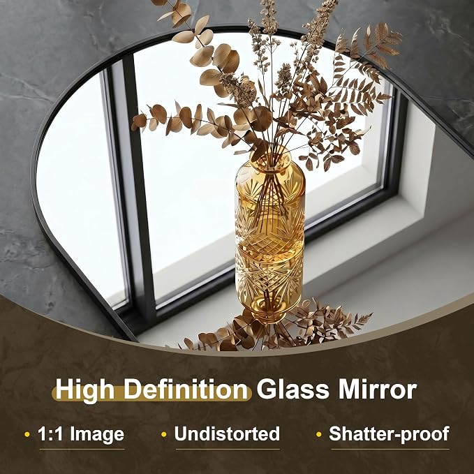 AMOISE Arched Bathroom Mirror, 40" x 30" Black Metal Frame Vanity Wall Mirror, Shatterproof Accent Mirror for Bedroom, Entryway and Living Room - Image 2