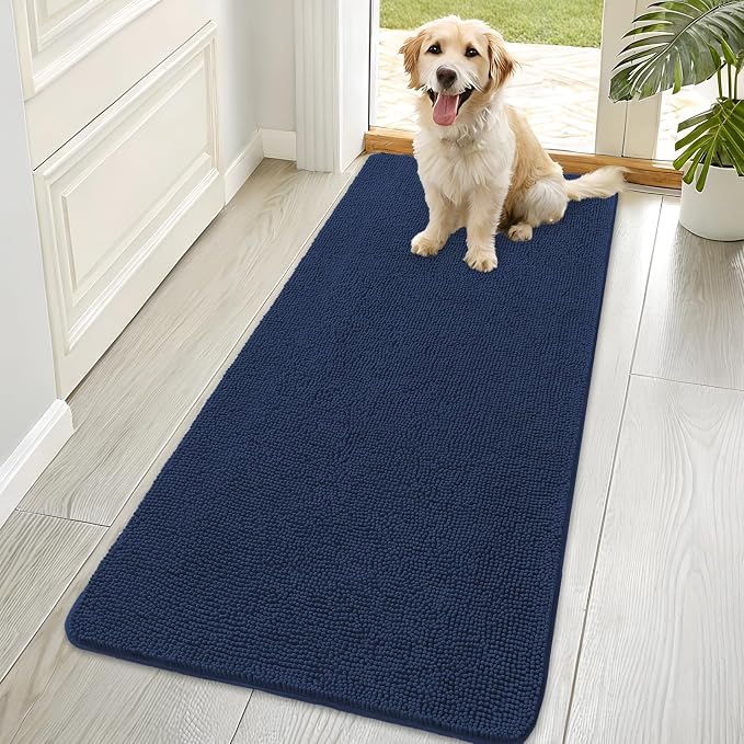 OLANLY Dog Door Mat for Muddy Paws 70x35, Absorbs Moisture and Dirt, Absorbent Non-Slip Washable Doormat, Quick Dry Chenille Mud Mat for Dogs, Entry Indoor Entryway Carpet for Inside Floor, Dark Blue by OLANLY
