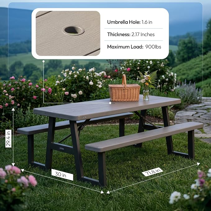 LIFETIME 6-Foot Folding Picnic Table with Benches, Seats 8, Heavy-Duty HDPE Tabletop, Steel Frame, Weather & UV Resistant Outdoor Picnic Table with Umbrella Hole - Image 2