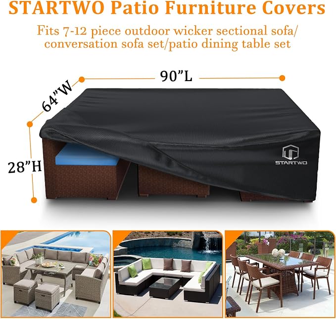 STARTWO Patio Furniture Covers Waterproof, Heavy Duty Outdoor Furniture Cover for Sectional Sofa and Table Chairs Set,90"x64"x28", Black - Image 2