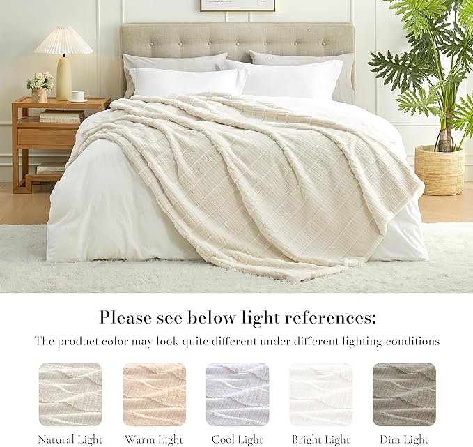 Amélie Home Luxury Striped Faux Fur Throw Blanket for Couch, Soft Cozy Fuzzy Fluffy Soft Plush Blankets Sofa Chair Gift Blankets for Women, 55"x70", Ivory