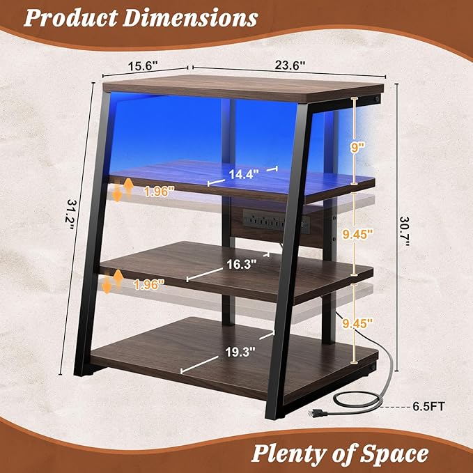 Armocity 4-Tier AV Media Stand with Power Strips, Corner TV Stand with LED Lights, Rack Audio Tower with Adjustable Shelves, Corner Entertainment Center, 30'', Black Walnut - Image 3