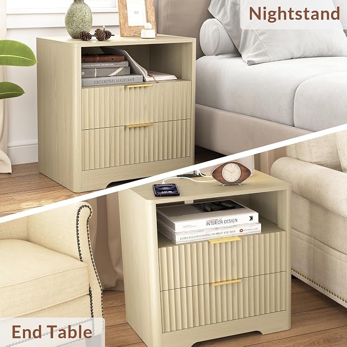 Modern Fluted Nightstands with Charging Station, Drawers, and Smart Night Light, Large Wood Nightstand with Storage Shelf, Side Tables for Bedroom, Living Room - Image 7
