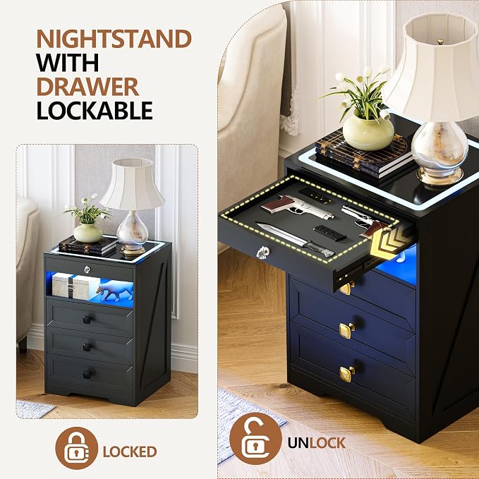 HNEBC Smart Night Stand with Gun Drawer,Glass Top Nightstand with Charging Sation,LED Bedside Table with 3 Color Lights,End Table with Glass Desktop,3 Drawers for Bedroom,Black - Image 3