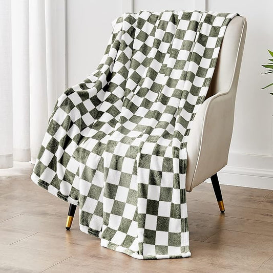 Edenleaf Checkered Blanket Flannel Throw Blankets Soft Cozy Checkered Grid Print Chessboard Gingham Pattern Throws for Bed Sofa Couch for All Seasons, 50x60 Inch, Dark Olive