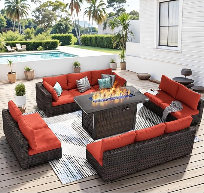 11 Piece Patio Furniture Set with Fire Pit Table, Outdoor Sectional Sofa PE Rattan, Patio Conversation Sets with Cushions for Garden Lawn Balcony Porch Deck Red