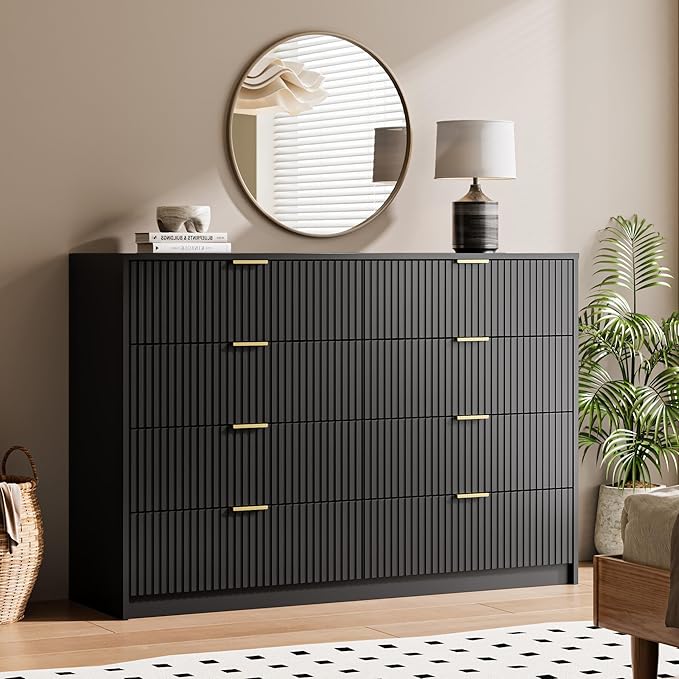 MAISONARIA 3-Piece Dresser Bedroom Set, 8 Drawer Dresser & 3 Drawer Nightstands with Gold Handles, Fluted Wood Chest of Drawers for Bedroom, Living Room, Entryway, Black