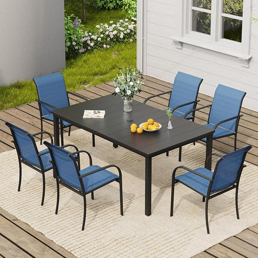 VICLLAX 7 Pieces Patio Dining Set, Patio Furniture Set of 6 Patio Stackable Dining Chairs and Outdoor Metal Table with Umbrella Hole for Backyard Lawn Garden, Blue Chairs and Black Table by HOME