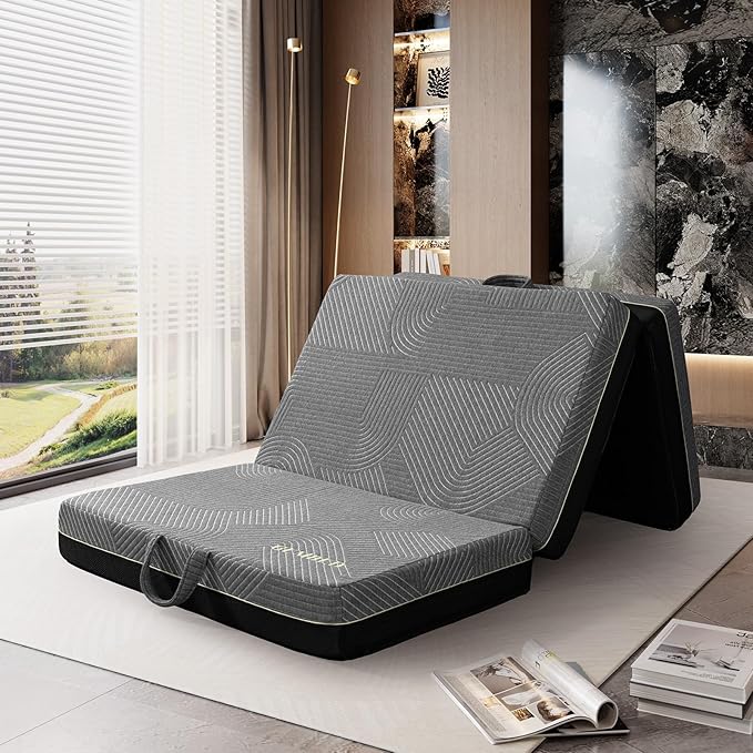 GEMBED Tri Folding Mattress Twin Size - Memory Foam Tri-fold Mattress, Handle & Non-Slip Bottom, Portable Foldable Sofa Bed Floor Chair for Travel RV Camping Guest Yoga - 6 Inch, 75"x38"x6"