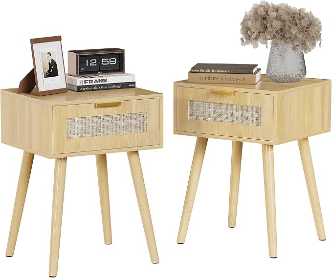 LAZZO Set of 2 Bedroom Nightstands Wooden Night Stands with Rattan Weaving Drawer Home Bedside End Table for Bedroom Storage by LAZZO