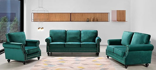 Lotus Mid Century Modern Velvet Upholstered Living Room Rolled Arms, Chair, Loveseat and Sofa, Green