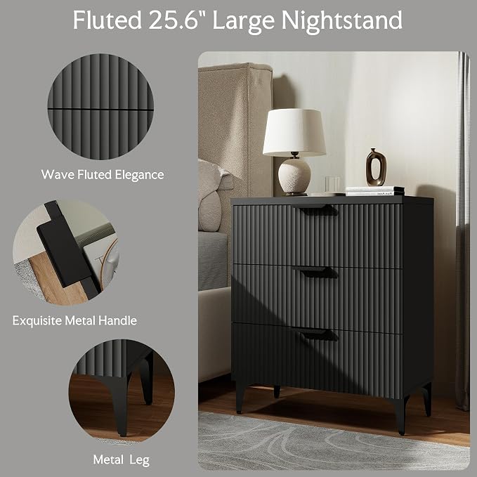 Wood Night Stand Fluted for Bedroom 3 Drawers End Tables Nightstand, Storage Modern Side Table Natural Black Bedside Table - Image 6