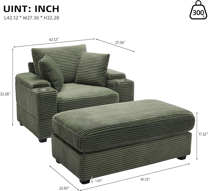 KEIKI Oversized Accent Chair with Ottoman, Chaise Lounge Chair Indoor with Handrail Storage, Cupholders, Oversized Sofa Bed, Deep Seat Sleeper Couch Reading Chairs for Living Room, Dark Green