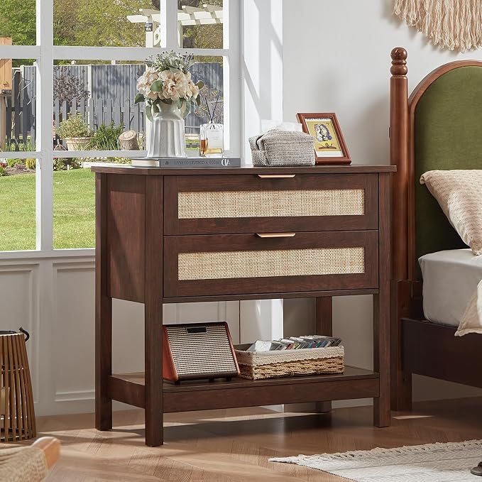 LEYAOYAO 31.5" Wide Rattan Night Stand, Large Boho Nightstand, Bedside Table with Storage, Tall Bed Side End Tables, Chest of Drawers for Bedroom, Living Room, Hallway（Walnut,2 Drawers,2） - Image 6