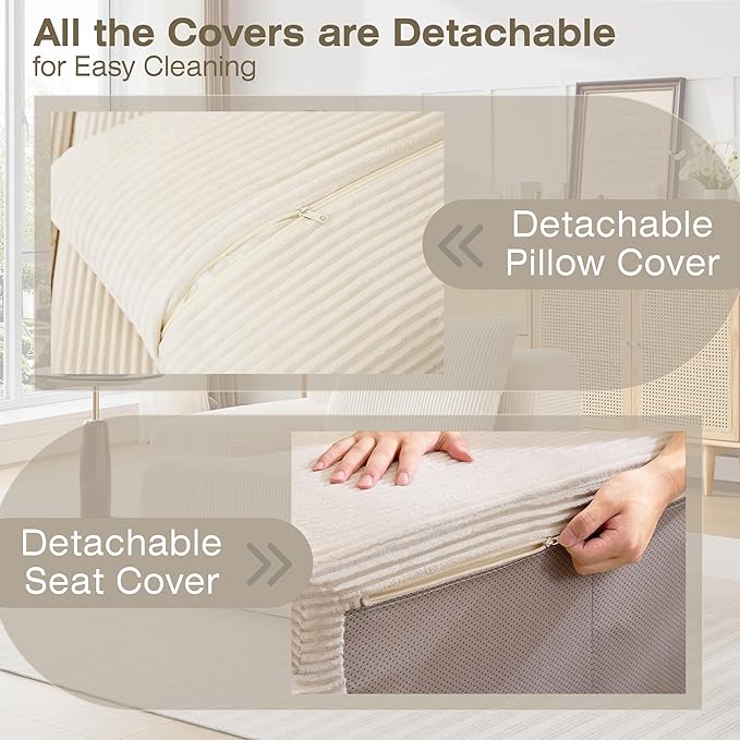 Modular Sectional Sofa, Boneless Couches for Living Room, Corduroy Couch, Big Comfy Couch, Modular Cloud Sofa with Deep Seat (White, 1 Piece-Left Armchair)