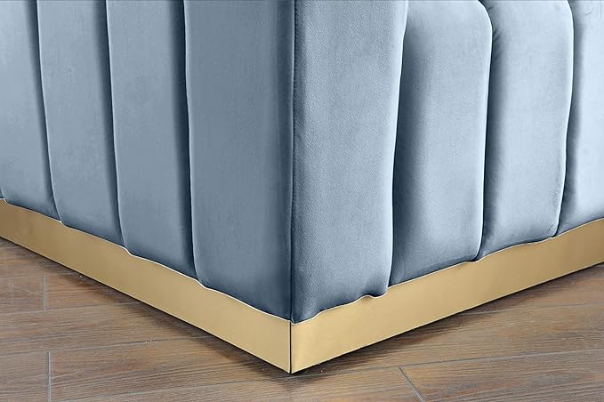 Meridian Furniture 603SkyBlu-S Marlon Collection Modern | Contemporary Velvet Upholstered Sofa with Deep Channlel Tufting and Brushed Gold Finish, Sky Blue, 86.5" W x 34" D x 28" H