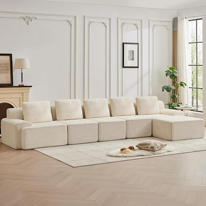 158.2'' Modular Sectional Sofa with Movable Ottoman, 5 Seat Deep Seat Couch with 5 Pillows, Comfy Cloud Sectional Sofa for Living Room, Bedroom (White, 1 Left+1 Right+3 Middle+1 Ottoman)