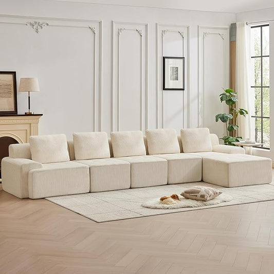 158.2'' Modular Sectional Sofa with Movable Ottoman, 5 Seat Deep Seat Couch with 5 Pillows, Comfy Cloud Sectional Sofa for Living Room, Bedroom (White, 1 Left+1 Right+3 Middle+1 Ottoman)