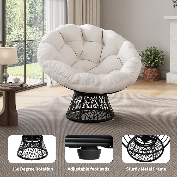 Garvee Papasan Chair, 37" Ergonomic Wicker Papasan Chair with Extra-Thick Soft Fabric Cushion, Heavy-Duty Steel Frame, 360° Swivel Base for Living Room, Bedroom & Reading Nook – White - Black Stand