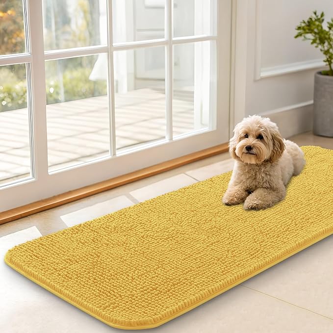 OLANLY Dog Door Mat for Muddy Paws 47x17, Absorbs Moisture and Dirt, Absorbent Non-Slip Washable Doormat, Quick Dry Chenille Mud Mat for Dogs, Entry Indoor Entryway Carpet for Inside Floor, Yellow by OLANLY