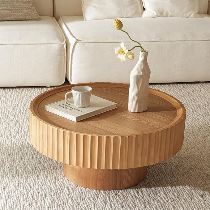 Round Coffee Table, 30.3in Modern Living Room Table, Fluted Drum Circle Tea Table with Storage, Accent Center Tables for Living Room, Apartment, Small Space(30.3''L×13.7''H) (Nature Wood)