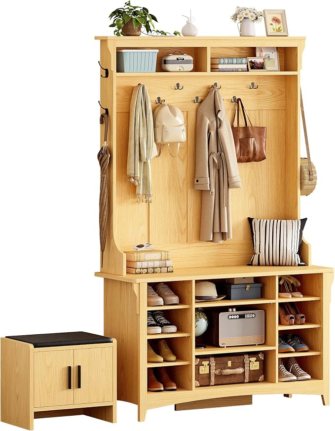 IRONCK Hall Tree with Bench and Shoe Storage, 6-in-1 Entryway Bench with Coat Rack, Adjustable Shelf, Hanging Hooks, 11 Shoe Cubbies, 2-Tier Top Storage, for Entryway, Bedroom, Living Room, Oak by IRONCK