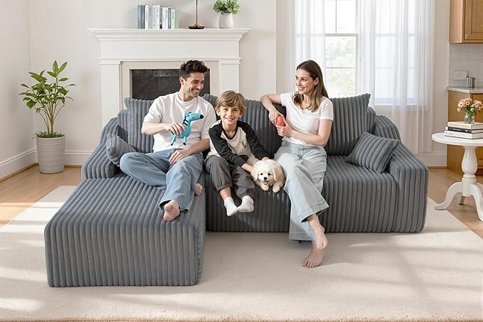 Homguava 94'' Cloud Sectional Couch, Modular L-Shape Couch with Chaise, Boneless Sofa with Deep Seat for Living Room Bedroom,No Assembly Required(Grey,Left Facing Chaise)