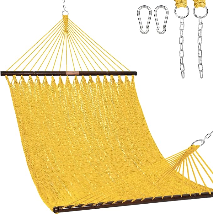 Lazy Daze Hammocks 10.5 FT Double 2 Person Caribbean Rope Hammock, Hand Woven Polyester Hammock with Spreader Bars, for Outside Outdoor Backyard Patio Poolside, 450 LBS Capacity, Yellow by LazyDazeHammocks
