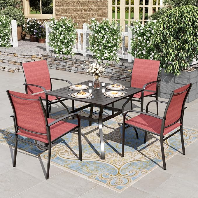 HERA'S HOUSE Red Patio Dining Set for 4, 5 Piece Outdoor Table and Chairs Set, 4 x Textilene Dining Chair, 37" Square Metal Dining Table, for Lawn Garden Backyard Deck by HERASHOUSE