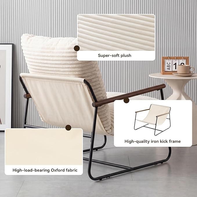COSIEST Accent Chair for Living Room, Modern Ribbed Upholstered Armchair with Wood Arms, Comfy Lounge Chair with Black Metal Frame, Large Reading Chair for Bedroom, Office, Small Space, White