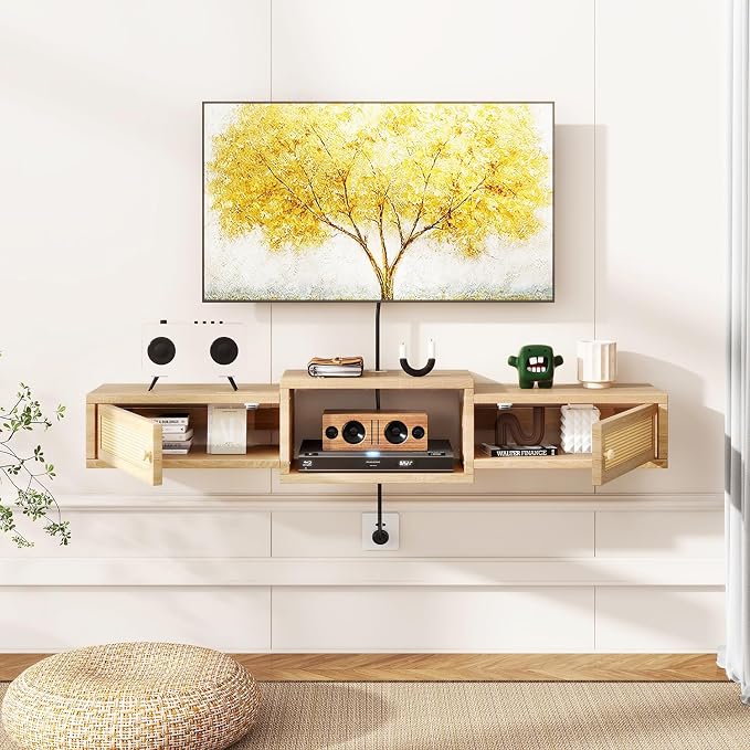 IBUYKE Modern Rattan Floating TV Stand with Doors,Wall Mounted TV Shelf for TVs up to 55 Inches,Media Console Entertainment Center for Under TV Storage Cabinet for Living Room Bedroom,Natural UWST012N - Image 5