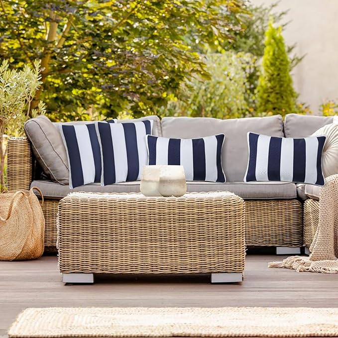 JMGBird Outdoor Lumbar Pillows, Water-Repellent Throw Pillows with Insert, Pack of 2, 12×20 Inch- Add a Pop of Color Outdoors (Blue and White)