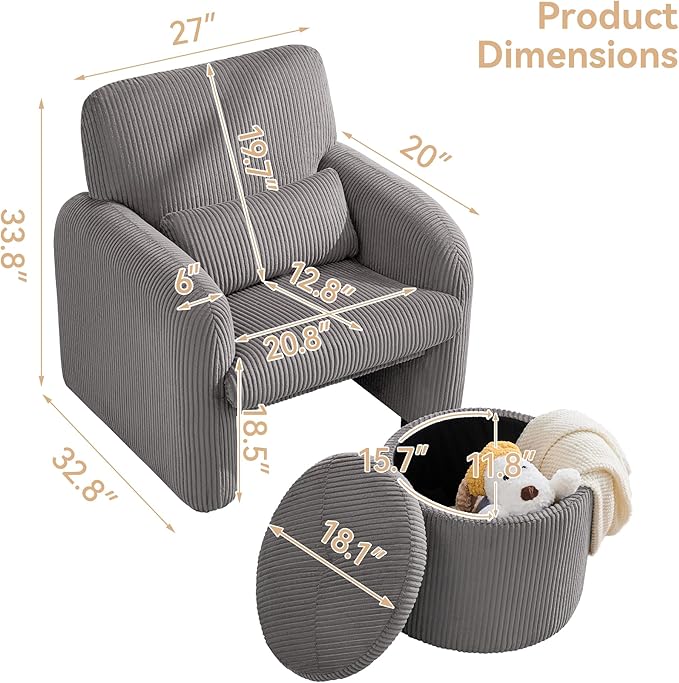 WUTUTUEE Corduroy Accent Chair with Storage Ottoman, Upholstered Armchair with Lumbar Pillow, Flip-Top Ottoman Converts to Coffee Table, Modern Sofa Chair for Living Room, Bedroom, Office, Grey