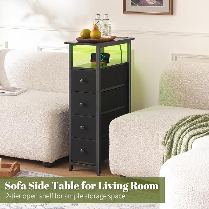Yoobure LED Narrow Nightstand with Charging Station - Slim Dresser for Bedroom Narrow Side Table Storage Cabinet, Small Dressers Chest of Drawers, Tall Skinny Night Stand End Table for Small Spaces - Image 5