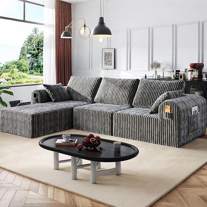 106" Boneless Couches for Living Room, Modular Sectional Sofa, L-Shape Sofa Couches,Cloud Couch Sectional, Comfy Corduroy Sofa, with Deep Seat, No Assembly Required (Gray, 3 Seater + 1 Ottoman)
