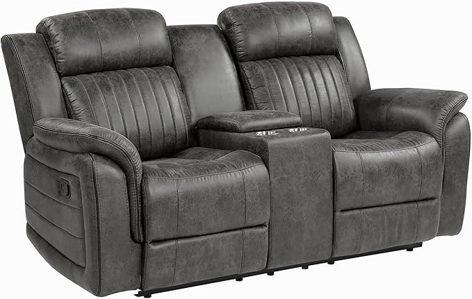 Lexicon Recliner Living Room Set, Home Theater Seating, Manual Polished Microfiber Upholstery Sofas, RV Couch Including Double Recliner Sofa and Loveseat, 2-Piece Set, Brownish Gray