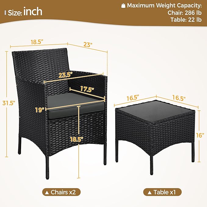 Yaheetech 3 Pieces Patio Porch Furniture Set, Outdoor PE Rattan Wicker Conversation Set with Soft Cushions, Glass Coffee Table & 2 Chairs for Garden/Deck/Courtyard/Poolside, Black/Gray