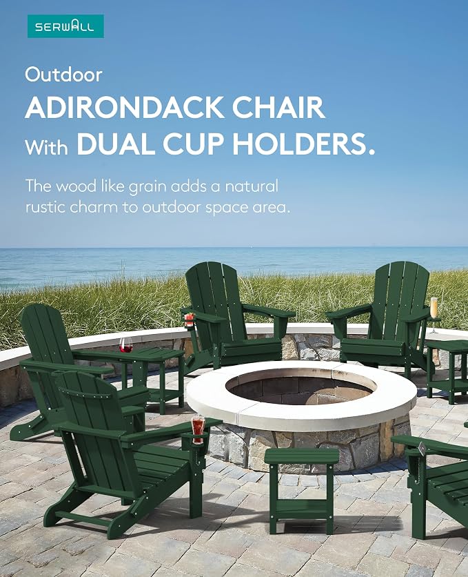 SERWALL Adirondack Chair with Cup Holders - Composite Adirondack Chairs Set of 2 HDPE Outdoor Chairs All Weather Use- Green - Image 6