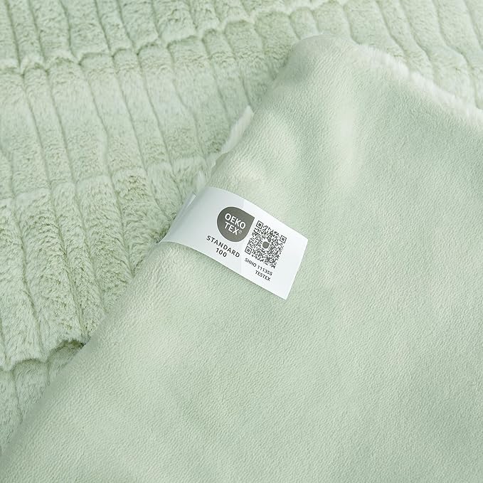 Amélie Home Luxury Striped Faux Fur Throw Blanket for Couch, Soft Cozy Fuzzy Fluffy Soft Plush Blankets Sofa Chair Gift Blankets for Women, 55"x70", Sage Green