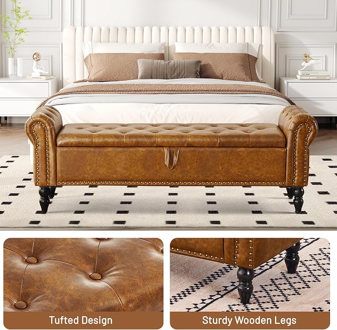 Furniliving 63” End of Bed Bench, Bedroom Bench with Button-Tufted, Large Upholstered Storage Ottoman Benches Entryway Bench with Storage Shoe Cabinet Bench, for Bedroom, Living Room, PU, Brown - Image 6