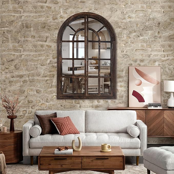 Arched Wall Mirror with Window Pane Design 36x24 Inch Rustic Farmhouse Wood Decorative Mirror for Living Room Bedroom Entryway - Image 4