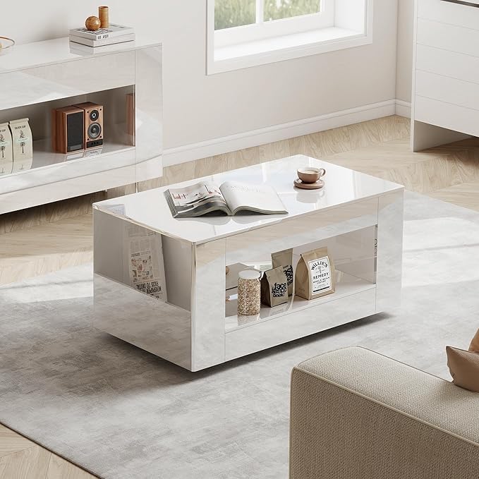 39" High Gloss Wood Coffee Table for Living Room, Sides Storage with Transparent Legs, Modern 2-Tier Storage Shelf Center Table for Home Office, Apartment, White