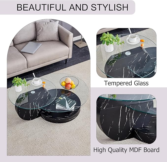 42" Glass Coffee Table, Round Coffee Table, 2-Tier Tempered Glass Tabletop with Black Faux Marble Base, Modern Center Table for Living Room, Home, Apartment, Ideal for Small Space