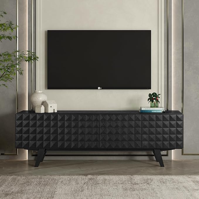 NTC Sapa Mid-Century Modern Solid Wood TV Stand 4-Door Media Console with Carved Geometric Fronts for TVs up to 75", Effortless Assembly, Burnt Black by NTC