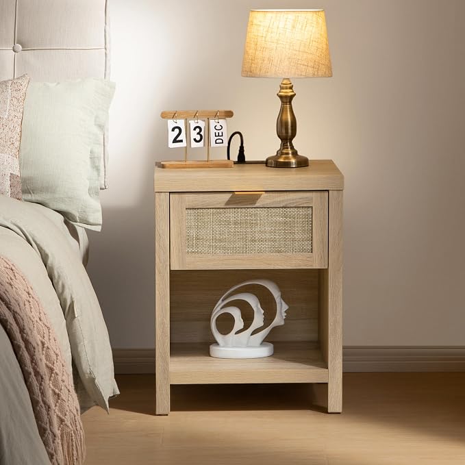 SICOTAS Night Stand with Charging Station - Rattan Nightstand with Type-C and USB Ports, Farmhouse Boho Bed Side Table with Drawer and Open Shelf for Bedroom Small Space, Light Oak - Image 2