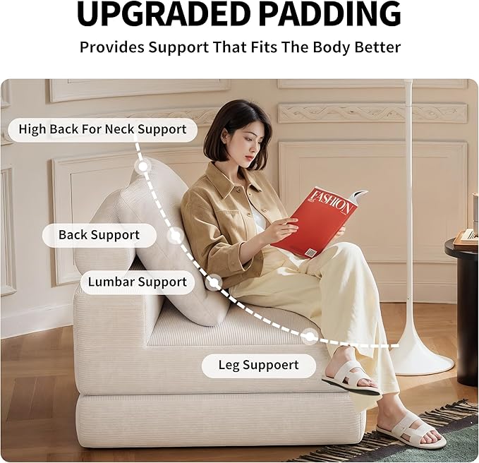 Folding Sofa Bed, 3-in-1 Convertible Sleeper Chair Bed with Pillows, Foldable Floor Couch with High-Density Foam, Futon Small Boneless Couch for Living Room Bedroom Lounge, Single, White