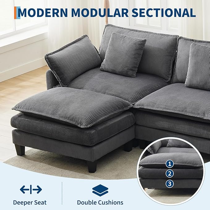GarveeHome 147" U Modular Sectional Sofa, Corduroy Cloud Couch with Movable Ottoman & Throw Pillows, Modern L/U-Shaped Sofa, Comfy Deep Seat Couch for Living Rooms, Offices, Bedroom and Apartment